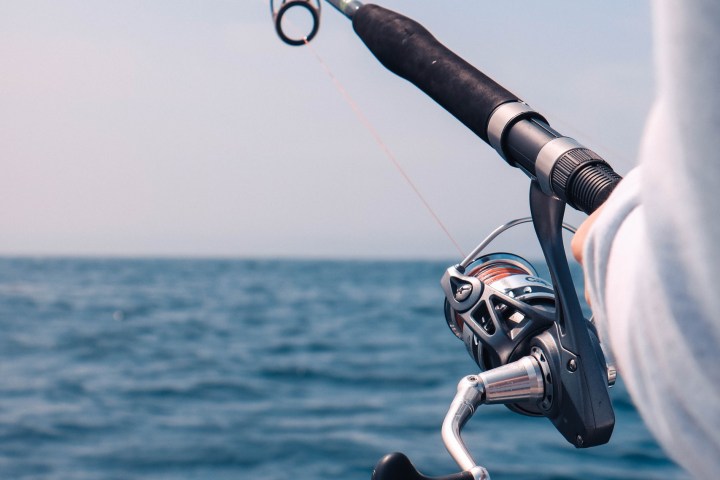 Person holding a fishing rod over a calm ocean on a clear day.
