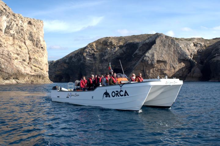 Tourists in red jackets on a white boat near rocky cliffs.