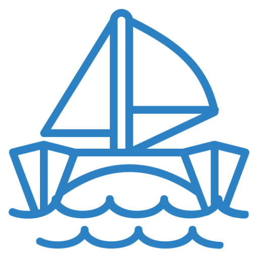 Blue line drawing of a sailboat on waves.
