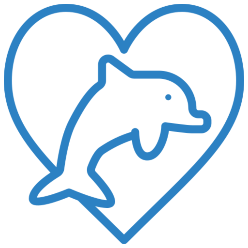 Blue outline of a dolphin inside a heart shape.